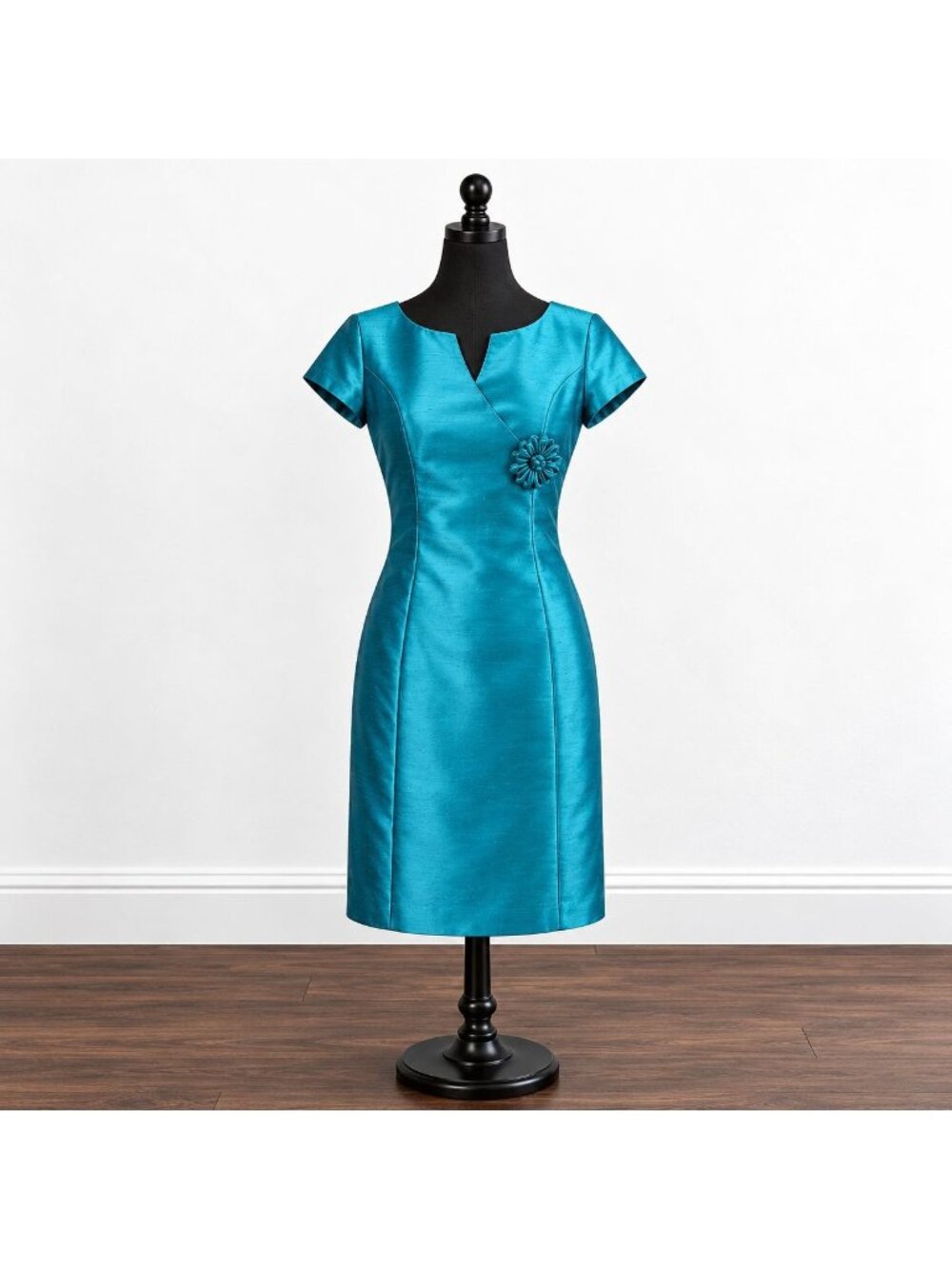 Parnes Feinstein Vintage 80s Silk Shantung Teal Blue Wiggle Dress Medium 60s